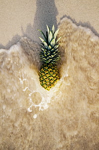 pineapple, ocean, waves, beach, sand, tropical, foam