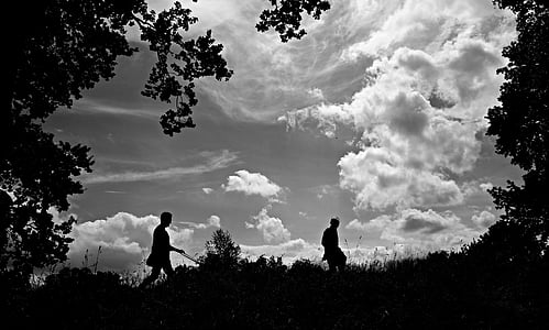 silhouette, people silhouettes, sky, clouds, trees, embankment, backlighting