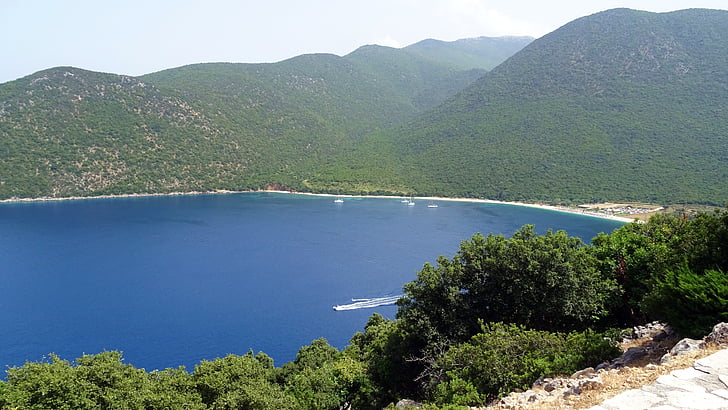 Görögország, sziget, Cephalonia, Kefalonia, kék, tenger, Bay