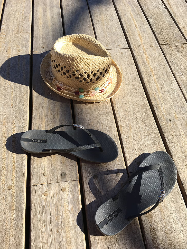holiday, slippers, hat, sun, travel, wood - material, shadow
