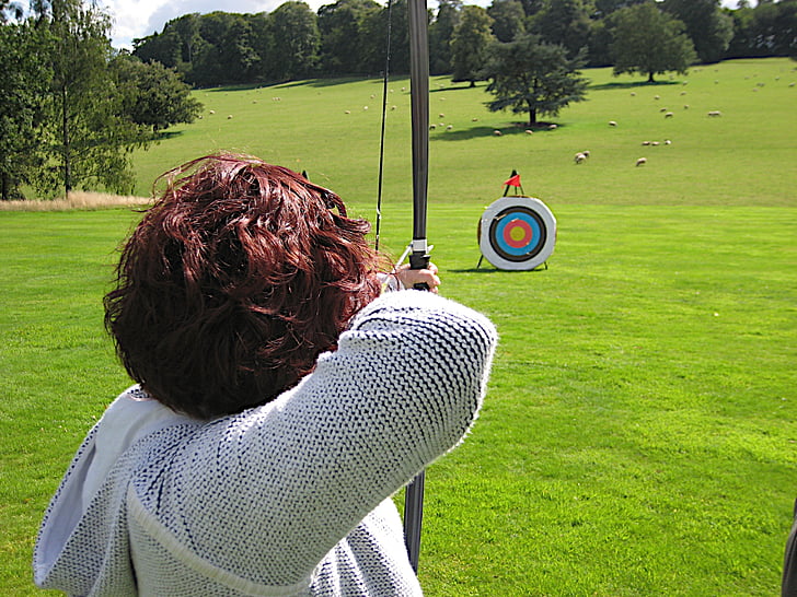 bows and arrows, archery, national trust, lawn, target, beautiful woman, grass