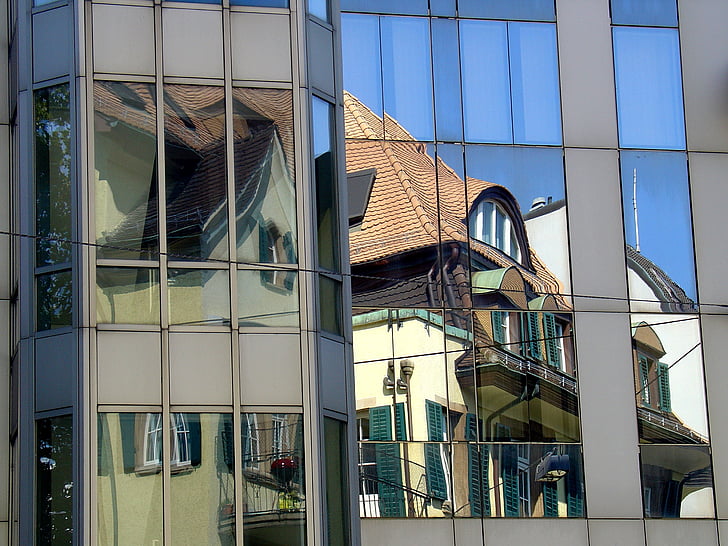 Зеркальное отображение, стекло, окно, здание, Архитектура, размышления, отражение