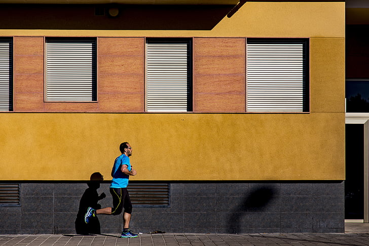 exercise, jogging, man, person, running, shadow, sidewalk