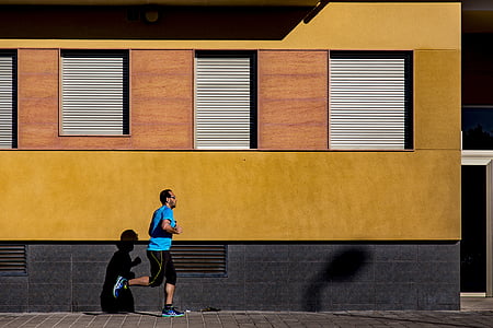 cvičení, jogging, muž, osoba, běh, stín, chodník