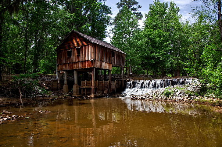 Alabama, Rikard's malūnas, struktūra, medinis, užtvanka, kraštovaizdžio, vaizdingas