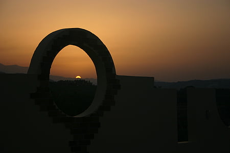 silueta, beton, socha, zlatý, hodina, Řecko, Západ slunce