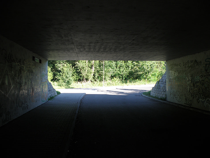 underpass, tunnel, subway, graffiti, dark
