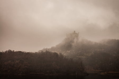 Замок, туман, Історія, Італія, озеро, краєвид, середньовіччя