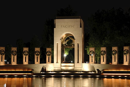 Washington dc, Pomnik ii wojny światowej, noc, Wieczorem, światła, refleksje, Pomnik