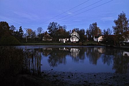 harvesting, south bohemia, pond, houses on the lake, morning, dawn, water