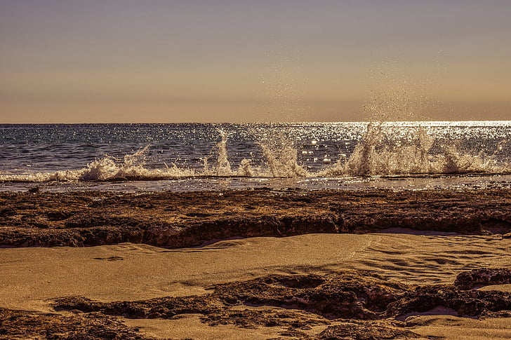 platja, Costa, Mar, esquitxades, horitzó, llum del sol, a la tarda