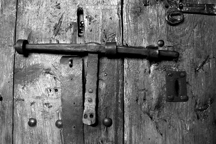 Lås, døren, gamle, rusten, antik, træ, metal