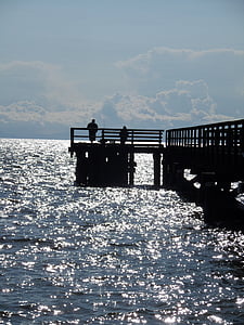 Pier, Angler, fisk, webben, solnedgång, vatten, abendstimmung