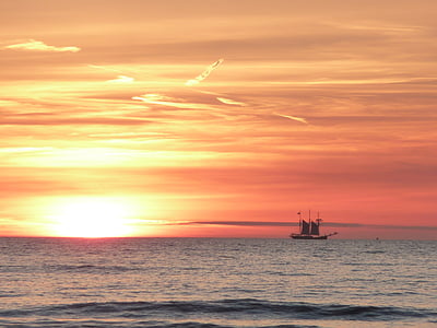 západ slnka, Plachetnica, more, Holandsko, zapadajúce slnko, reflexie, loď
