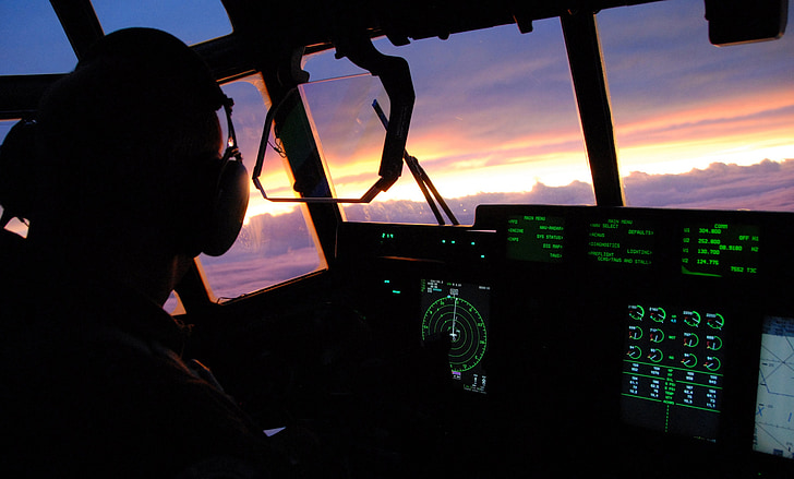 zonsondergang, hemel, wolken, vliegtuigen, cockpit, cockpit-weergave, van dichtbij