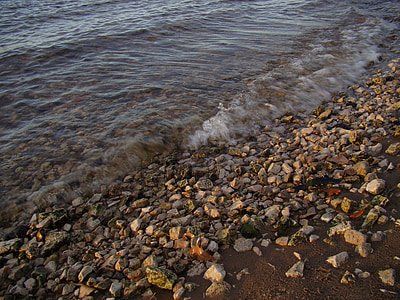 плаж, река, камъни, вълна, листа, вода, пясък