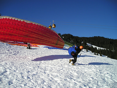 paragliding, Štart, Výťah fázy, vytiahnuť, odlož si, zimné, padáku