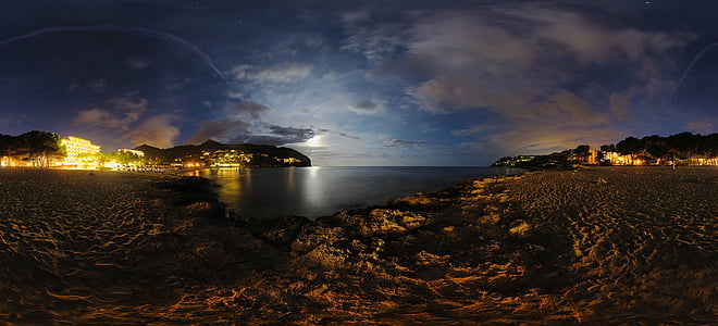 mallorca, panorama, night, sea, rock, spain, mediterranean