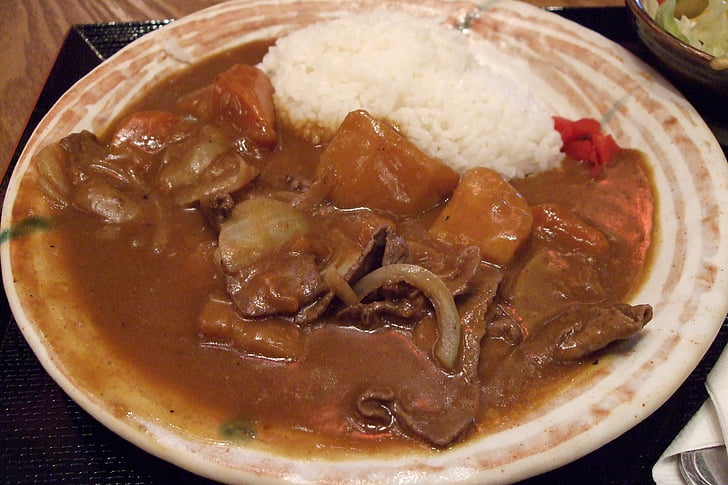 arroz, carne de bovino, caril de Wafu, comida, refeição, carne, jantar