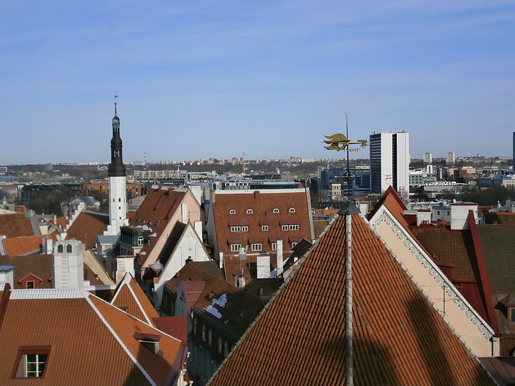 cũ, thị xã, màu đỏ, mái nhà, Tallinn, estland, Estonia