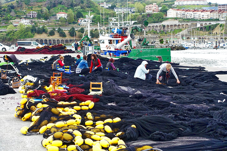 netting, repairs, fishing, port, women, fixing