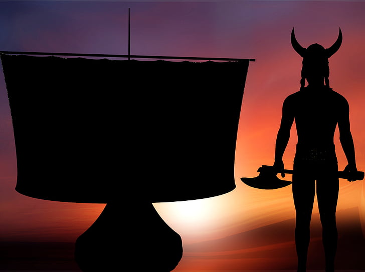 silhouette, viking, nordmann, warrior, fighter, sailing vessel, sky