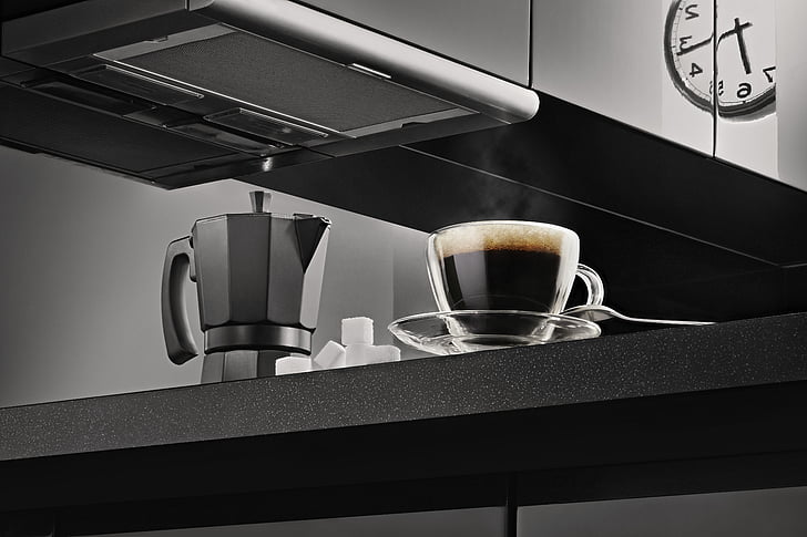 klok, koffie, Koffie-/ theevoorzieningen, Beker, donker, Espresso, binnenshuis