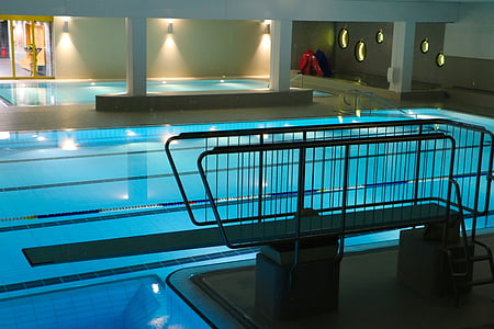 indoor swimming pool, swimming pool, lane, springboard, lighting, watercolor, blue