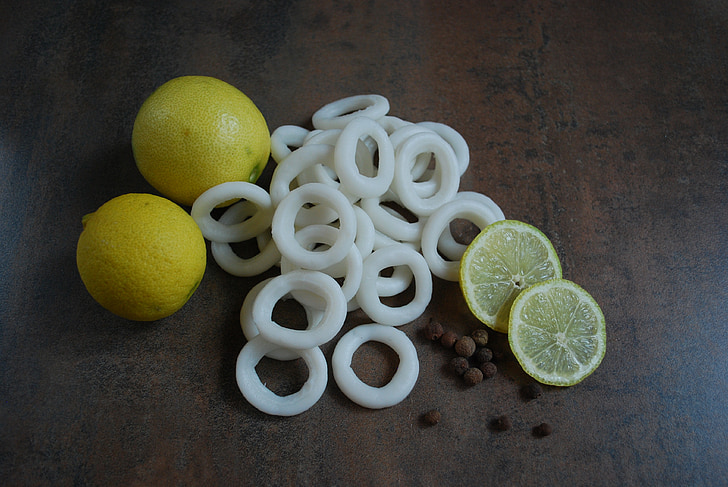 fresh, squid, rings, lemons, yellow, white, food