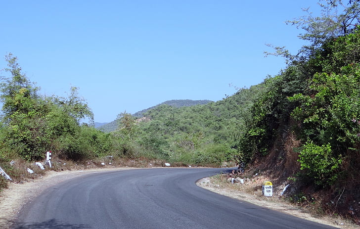 rua, estrada, ladeira abaixo, Karnataka, Índia, montanhas, colinas