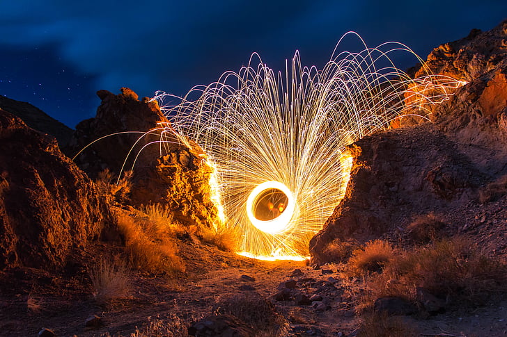 lights, night, outdoors, rocks, time lapse, fire - Natural Phenomenon, exploding