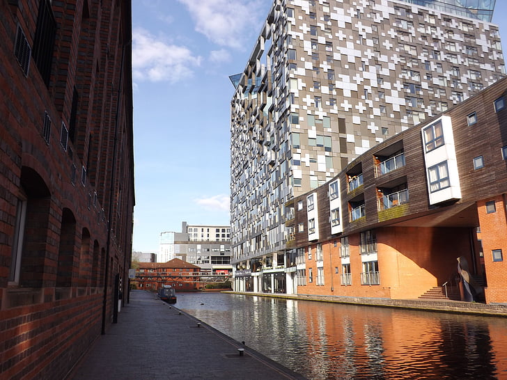 birmingham, canal, architecture, cube, reflection