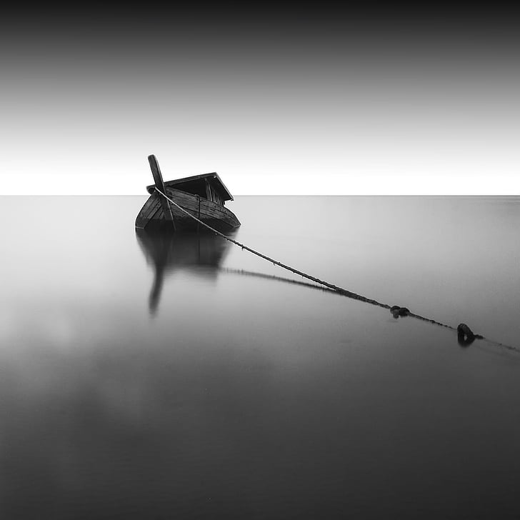 backlit, black and white, blur, boat, light, monochrome, moored