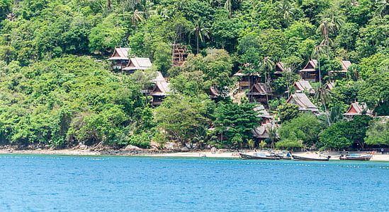 泰国, 普吉岛, 皮皮岛, 海岛游览, 五颜六色的小船, 建筑, 海滩