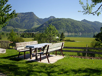 nature, jause, table, outdoor, cozy, lake, mountains