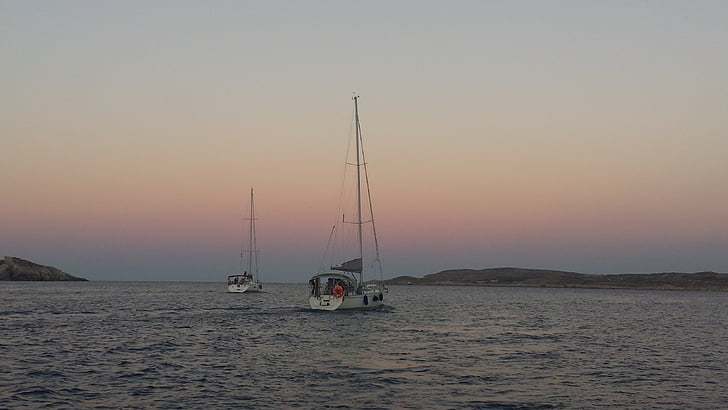solnedgång, havet, båtar, nautiska fartyg, naturen, segling, sommar