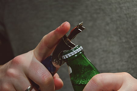 person, opening, bottle, using, opener, beer, alcohol