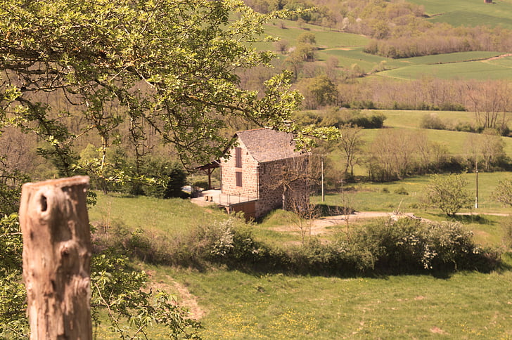 house, field, landscape, petit, small house, pierre, aveyron