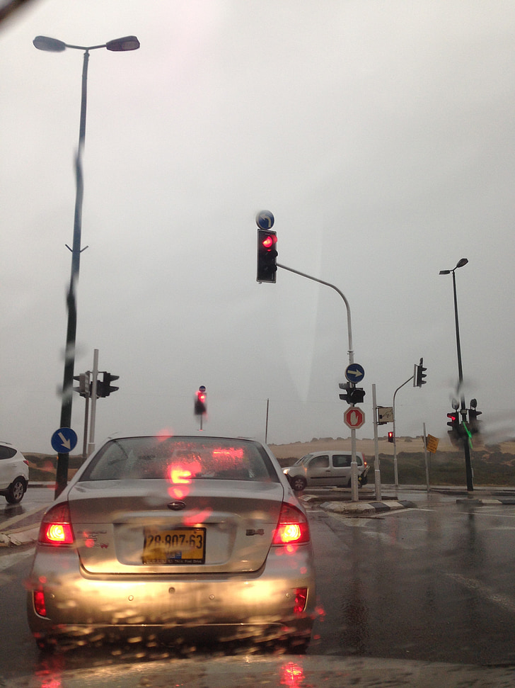 дъжд, път, времето, трафик, светофар, улица, кола