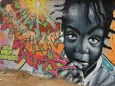 Graffiti, kunst, jente, svart, håper, se, øyne