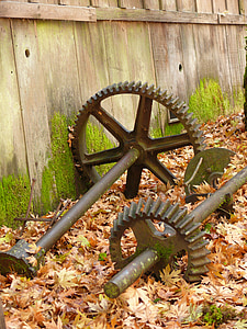 cogs, cogwheels, leaves, foliage, weathered, grist mill, machine