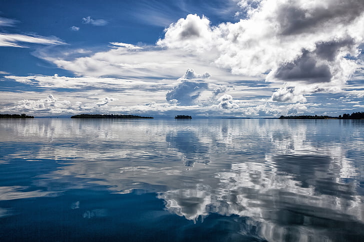 tropické moře, mrak, reflexe, modrá, Kojima, WiDi ostrovy, Halmahera ostrovy