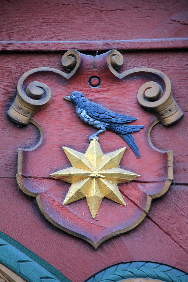 carcassa, fachwerkhaus, vermell, figureta de façana, animal, ocell, estrella