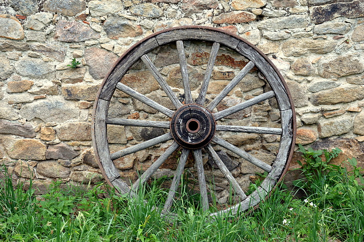 stone wall, cartwheel, wooden wheel, wall