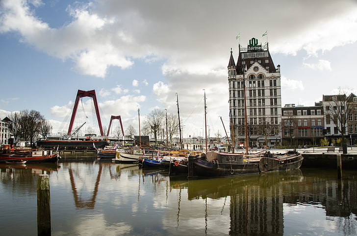 Rotterdam, Willemsbrug, Skyline, odbicie, Rzeka, gród, Urban