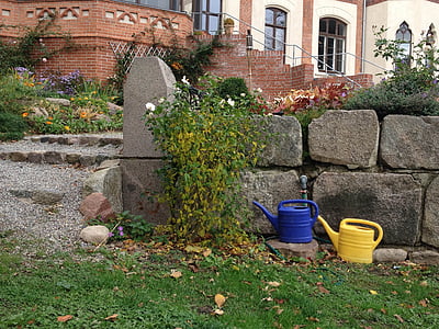 watering can, garden, stone wall, schlossgarten, outdoors, architecture, flower
