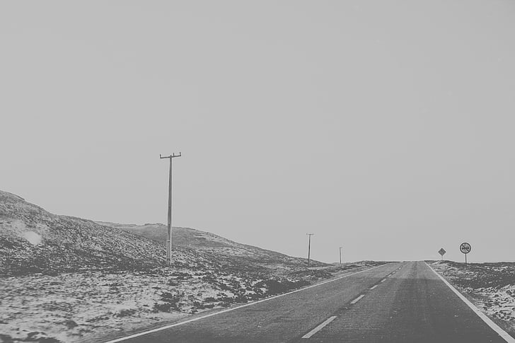 asfalt, čierno-biele, Desert, hmla, Diaľnica, Príroda, svetlo