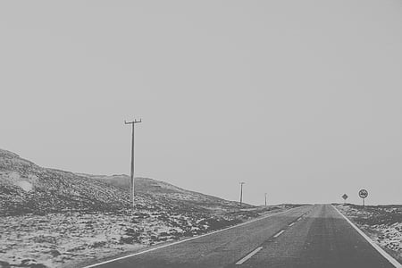 asphalt, black-and-white, desert, fog, highway, landscape, light