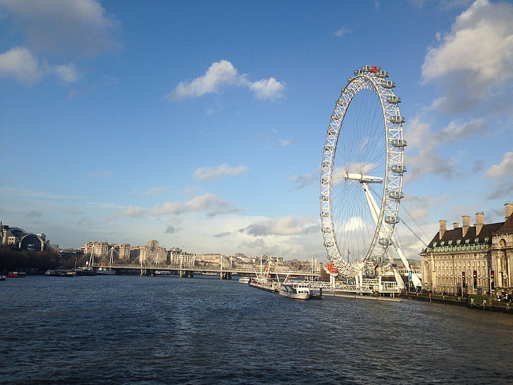 London eye, Londyn, błękitne niebo, atrakcją, kolorowe