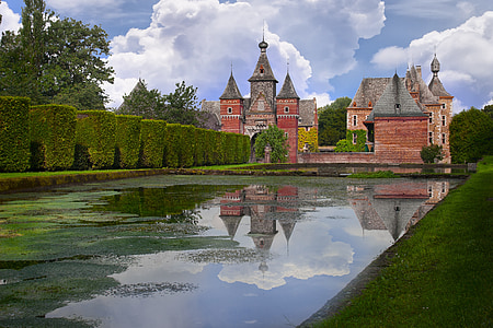 castle, pond, mirror, water, landscape, building, architecture